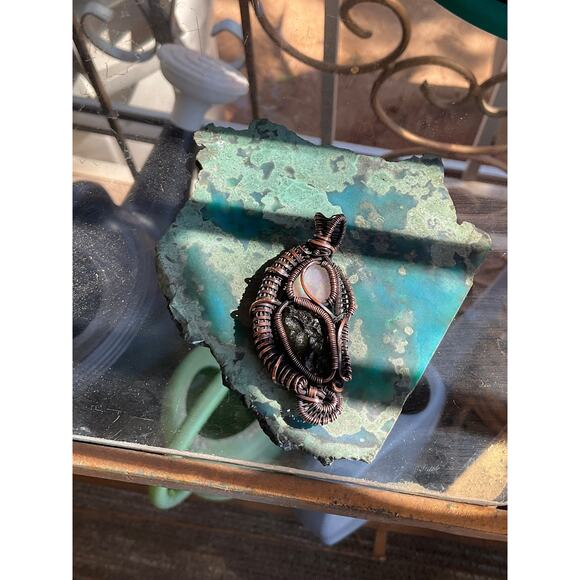 Intricate Moldavite With Opal Wire Wrap Pendant - Picture 5 of 11